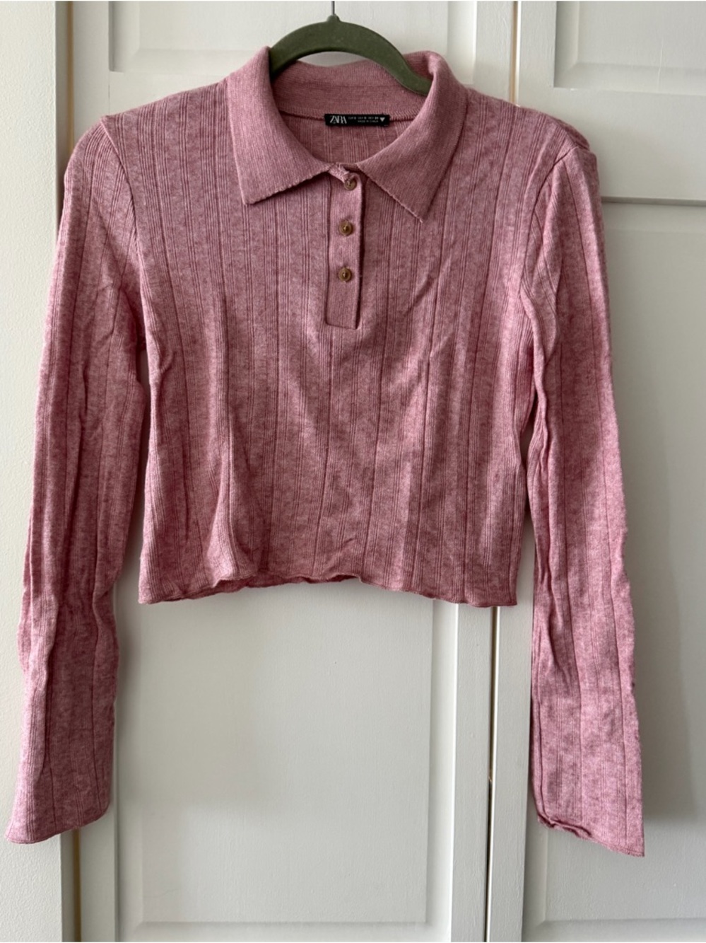 Zara Ribbed Knit Cropped Polo Sweater - Mauve Pink - Size S